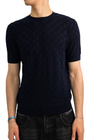 Maglia-con-trama-traforata-a-quadri-blu-Masq-1
