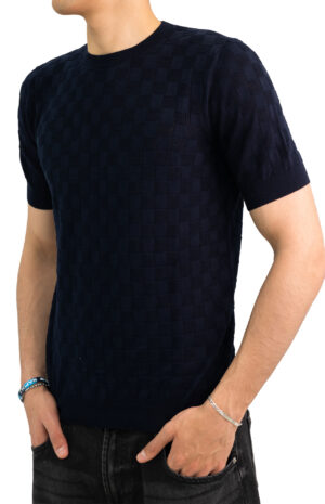 Maglia-con-trama-traforata-a-quadri-blu-Masq-3